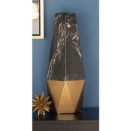 Harper & Willow 7 in. x 18 in. Large Contemporary-Style Gold and Black Marble Ceramic Vase with Geometric Silhouette