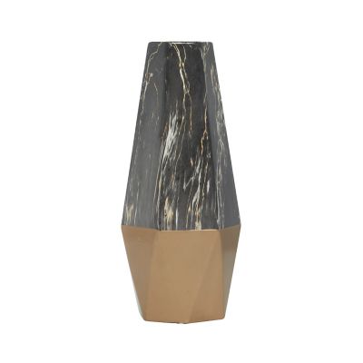 Image showing  Contemporary Ceramic Vase with Geometric Silhouette, 7 in. x 18 in., Gold/Black Marble