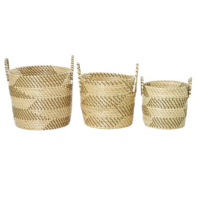 Image showing  Large Bucket Seagrass Basket Set with Black and White Thread, Assorted, 3 pc.