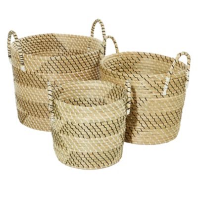 Image showing  Large Bucket Seagrass Basket Set with Black and White Thread, Assorted, 3 pc.