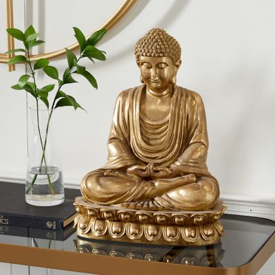 Harper & Willow Gold Polystone Meditating Buddha Sculpture with Engraved Carvings and Relief Detailing, 12 in. x 9 in. x 16 in.