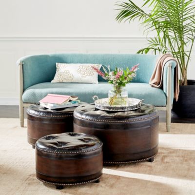 Harper & Willow Dark Brown Wood & Tufted Faux Leather Ottomans with Brass Studs, 46.8 lb. Collective Weight, 3-Pack