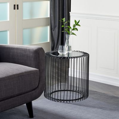 Harper & Willow Metal Open Wire Frame Accent Table with Shaded Glass Top, Black