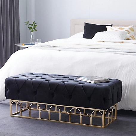 Harper & Willow Rectangular Black Velvet Tufted Fabric Bench with Gold Metal Base, 49 in. x 13 in.