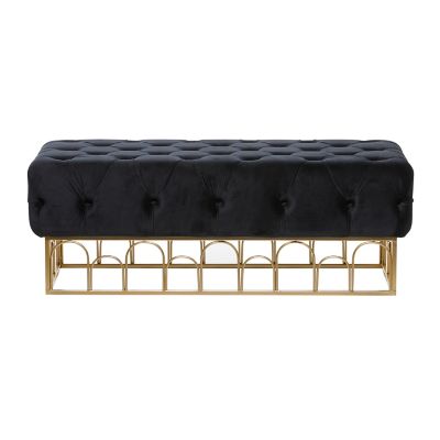 Image showing  Rectangular Black Velvet Tufted Fabric Bench with Gold Metal Base, 49 in. x 13 in.
