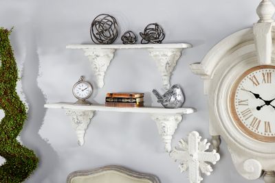 Harper & Willow Large White Floating Wall Shelf with Decorative Carvings, 39 in. x 11 in.