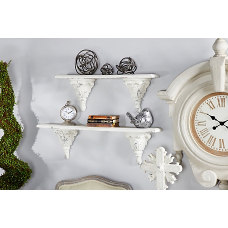Harper & Willow Large White Floating Wall Shelf with Decorative Carvings, 39 in. x 11 in.