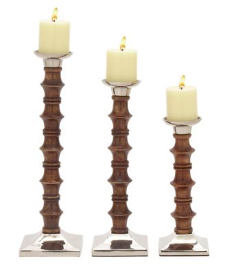 Image showing  Traditional Brown Wood and Aluminum Pillar Candle Holder, 12 in. H, 15 in. H, 18 in. H, 3 pc., 51581