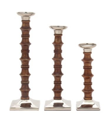 Image showing  Traditional Brown Wood and Aluminum Pillar Candle Holder, 12 in. H, 15 in. H, 18 in. H, 3 pc., 51581