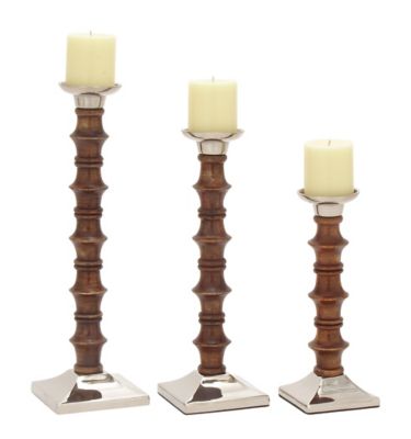 Image showing  Traditional Brown Wood and Aluminum Pillar Candle Holder, 12 in. H, 15 in. H, 18 in. H, 3 pc., 51581