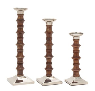 Image showing  Traditional Brown Wood and Aluminum Pillar Candle Holder, 12 in. H, 15 in. H, 18 in. H, 3 pc., 51581