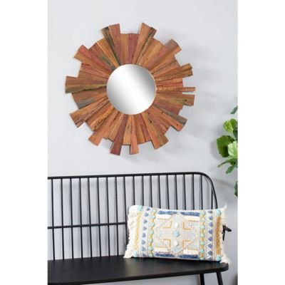 Harper & Willow Large Eclectic Multicolor Reclaimed Wood Round Wall Mirror, 35.5 in., 66067