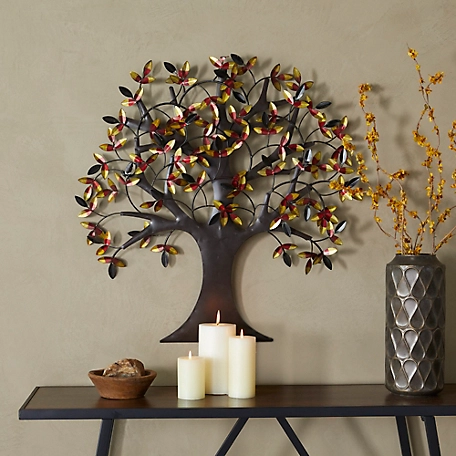 Harper & Willow Brown Metal Tree Indoor/Outdoor Wall Decor with Leaves, 31 in. x 3 in. x 32 in.