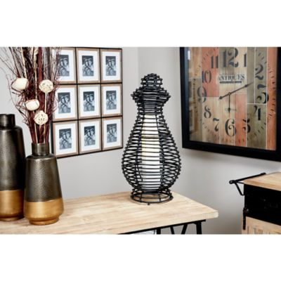 Harper & Willow 13 In. X 28 In. Large Round Woven Black Rattan Decorative Lantern Accent Lamp