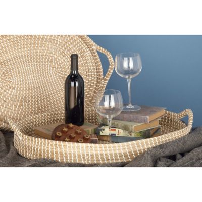 Harper & Willow Large Natural Oval Sea-grass Trays with Handles and White Threading