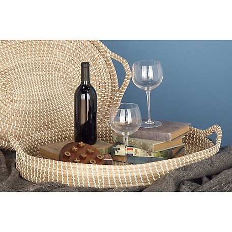Harper & Willow Large Natural Oval Sea-grass Trays with Handles and White Threading