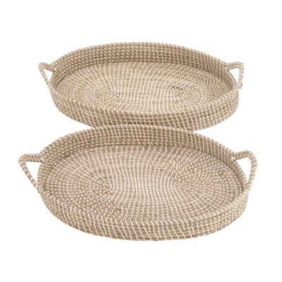 Image showing  Large Natural Oval Sea-grass Trays with Handles and White Threading