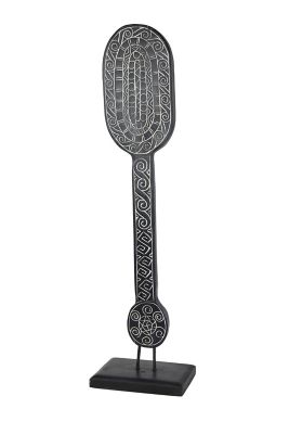 Image showing  10.5 in. x 40 in. Hand-Carved Tribal Paddle Wood Sculpture, Reclaimed Wood Stand, Black