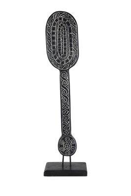 Image showing  10.5 in. x 40 in. Hand-Carved Tribal Paddle Wood Sculpture, Reclaimed Wood Stand, Black