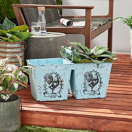 Harper & Willow Metal French Country Distressed Garden Planter with Handle, 2 Pots and Rooster Illustrations, 23 x 11 in., Blue