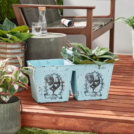 Harper & Willow Distressed Metal Garden Planter with Handle 2 Pots and Rooster Illustrations 23 x 11 in Blue Planters