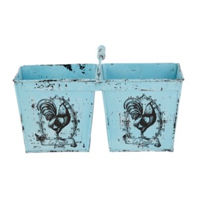 Image showing  Metal French Country Distressed Garden Planter with Handle, 2 Pots and Rooster Illustrations, 23 x 11 in., Blue