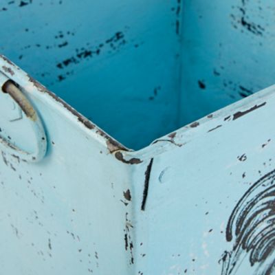 Image showing  Metal French Country Distressed Garden Planter with Handle, 2 Pots and Rooster Illustrations, 23 x 11 in., Blue