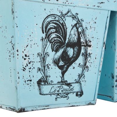 Image showing  Metal French Country Distressed Garden Planter with Handle, 2 Pots and Rooster Illustrations, 23 x 11 in., Blue