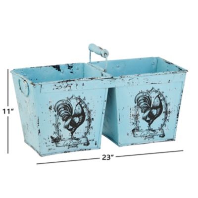 Image showing 5 th Harper & Willow Metal French Country Distressed Garden Planter with Handle, 2 Pots and Rooster Illustrations, 23 x 11 in., Blue