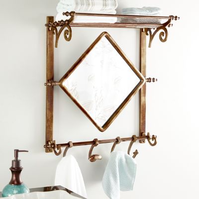 Harper & Willow Copper Bathroom Wall Rack With Hooks And Mirror, 25 In. X 28 In.