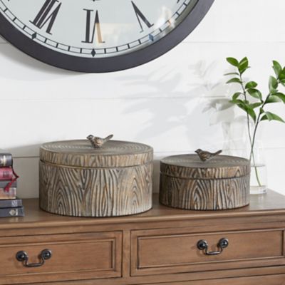 Harper & Willow 6 in. and 7.25 in. Round Antique Bronze Tree Bark Texture/Bird Handled Lid Metal Box Set, 2 pc.