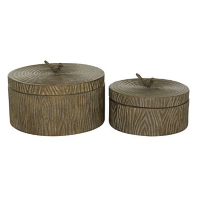 Image showing  6 in. and 7.25 in. Round Antique Bronze Tree Bark Texture/Bird Handled Lid Metal Box Set, 2 pc.