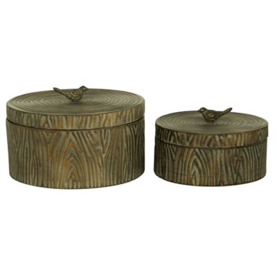 Image showing  6 in. and 7.25 in. Round Antique Bronze Tree Bark Texture/Bird Handled Lid Metal Box Set, 2 pc.
