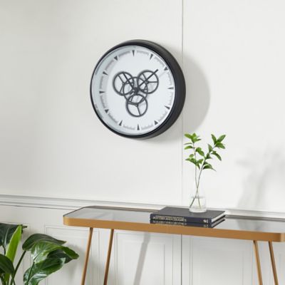 Harper & Willow 20 in. x 20 in. Round Metal Wall Clock with Functioning Gear Center, Black/White