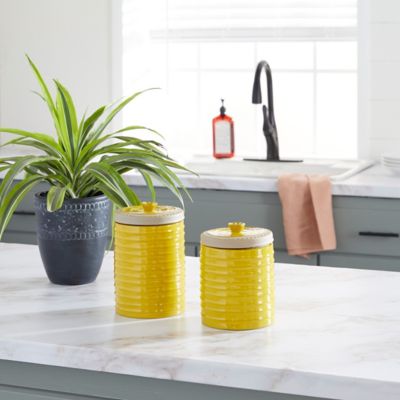 Harper & Willow Round Textured Stoneware Canisters with Lid, Yellow/Beige, 7.5 in., 9 in., 2 pc.