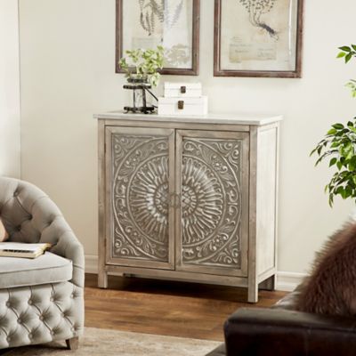 Harper & Willow 1-Shelf Intricately Carved Floral Wood Cabinet with 2 Doors, 39 in. x 16 in. x 40 in., Grey