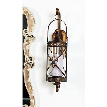 Harper & Willow Metal Lantern Wall Sconce with Fleur-De-Lis and Hurricane Glass, 7 in. x 6 in. x 20 in.