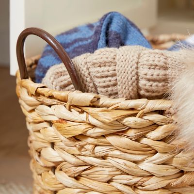 Image showing  Large Oval Braided Natural Wicker Storage Basket with Metal Handles Set, Assorted, 3 pc.