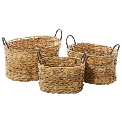 Image showing  Large Oval Braided Natural Wicker Storage Basket with Metal Handles Set, Assorted, 3 pc.