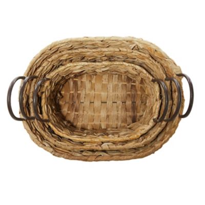 Image showing  Large Oval Braided Natural Wicker Storage Basket with Metal Handles Set, Assorted, 3 pc.