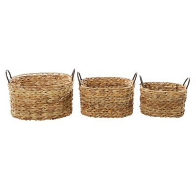 Image showing  Large Oval Braided Natural Wicker Storage Basket with Metal Handles Set, Assorted, 3 pc.