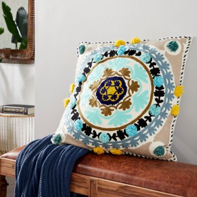 Harper & Willow Indoor Extra-Large Square Decorative Throw Pillow with Eclectic Mandala Embroidery, 28 in. x 28 in., Gold/Blue