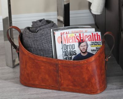 Harper & Willow Bucket-Shaped Handmade Authentic Leather Magazine Holder with Strapped Buckles, 21 in. x 12 in., Brown