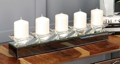 Harper & Willow 24 in. x 4 in. Glam Style Long Rectangular Mirror Candle Tray with 5 Glass Candle Holders, 79297