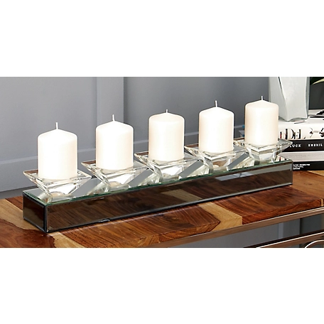 Harper & Willow 24 in. x 4 in. Glam Style Long Rectangular Mirror Candle Tray with 5 Glass Candle Holders, 79297