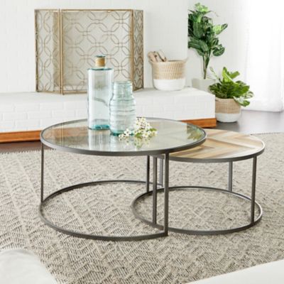 Wood Nesting Round Coffee Tables Set, Wood Glass Coffee Table Sets