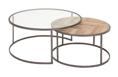 Image showing  Large Round Contemporary Metal Glass and Wood Nesting Coffee Tables, 2 pc.