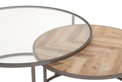Image showing  Large Round Contemporary Metal Glass and Wood Nesting Coffee Tables, 2 pc.
