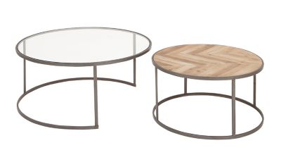 Image showing  Large Round Contemporary Metal Glass and Wood Nesting Coffee Tables, 2 pc.