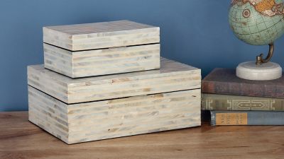 Image showing  Rectangular White Shell Mosaic Patterned Wood Box Set, Assorted, 2 pc.